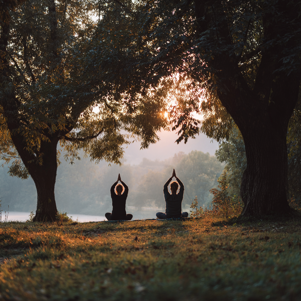 Woman in peaceful evening yoga pose on a mat in dimly lit room with candles, representing tranquil Romanian adult practicing Innerra yoga for better sleep