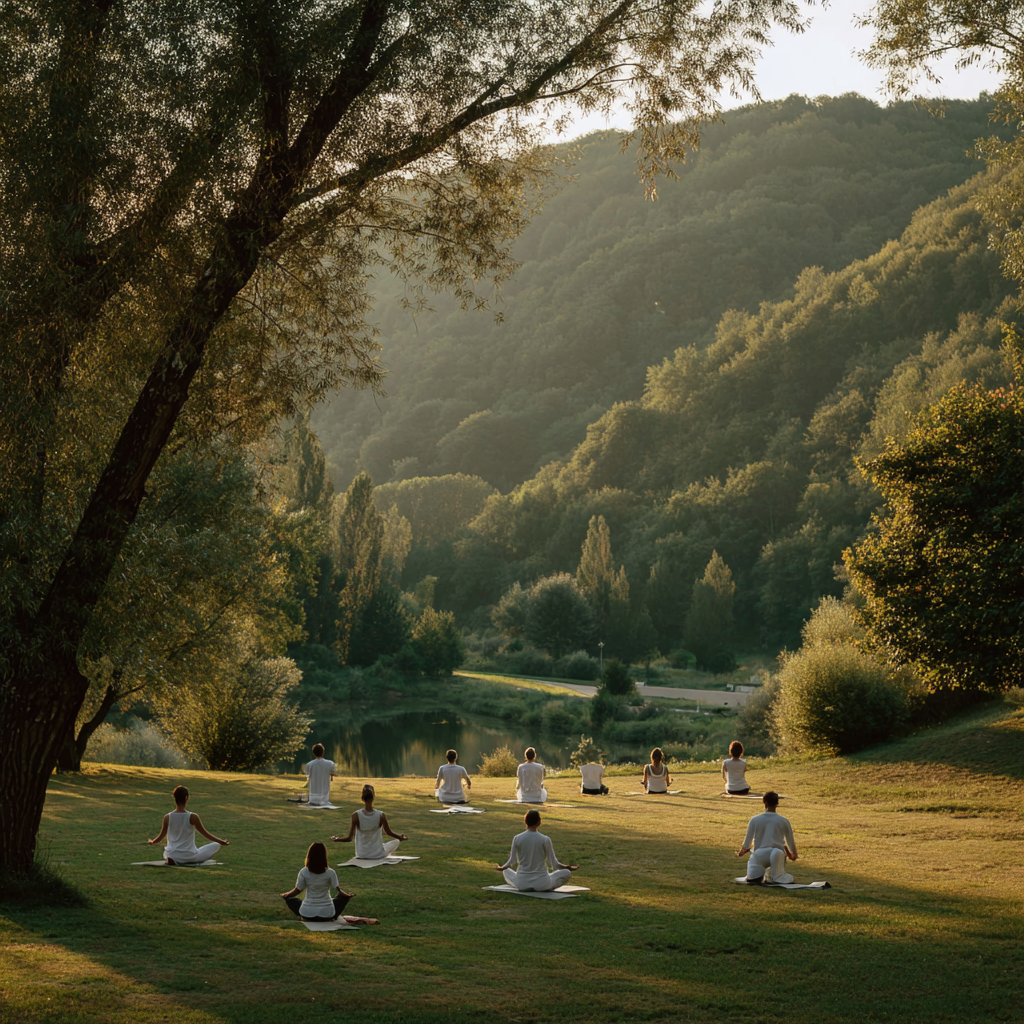 Romanian woman and man in gentle restorative yoga poses on mats with soft evening lighting, showing peaceful sleep preparation practice